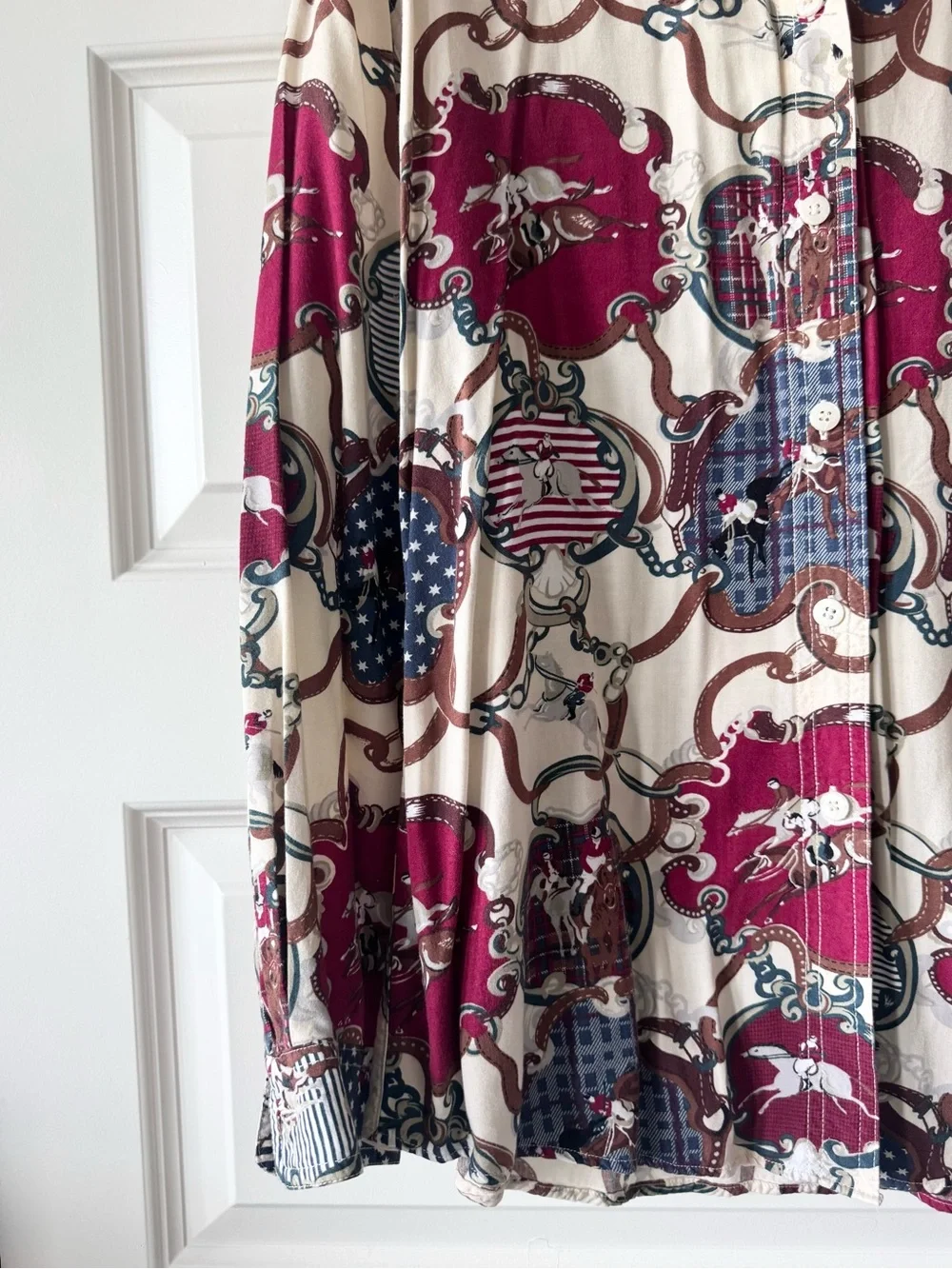Vintage Bill Blass Equestrian Carousel Horse Circus Print Button Down Shirt